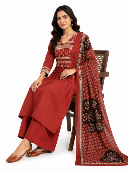 Rust Red Printed Cotton Anarkali Kurta Set with Dupatta