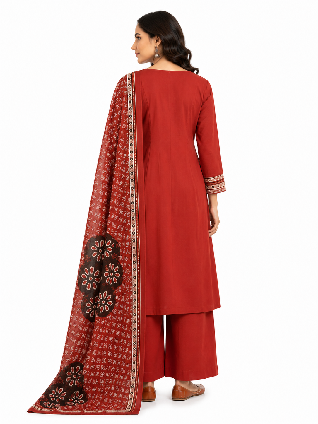 Rust Red Printed Cotton Anarkali Kurta Set with Dupatta