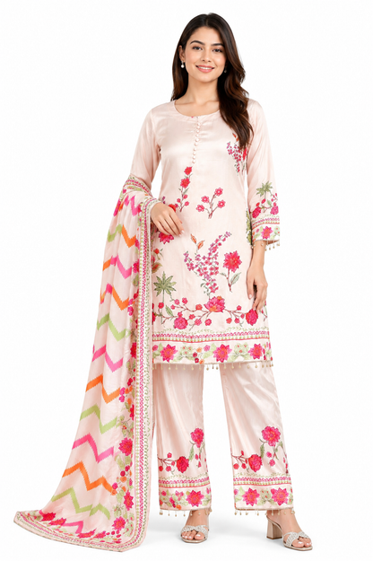 Blush Pink Floral Printed Kurta Palazzo Set with Dupatta
