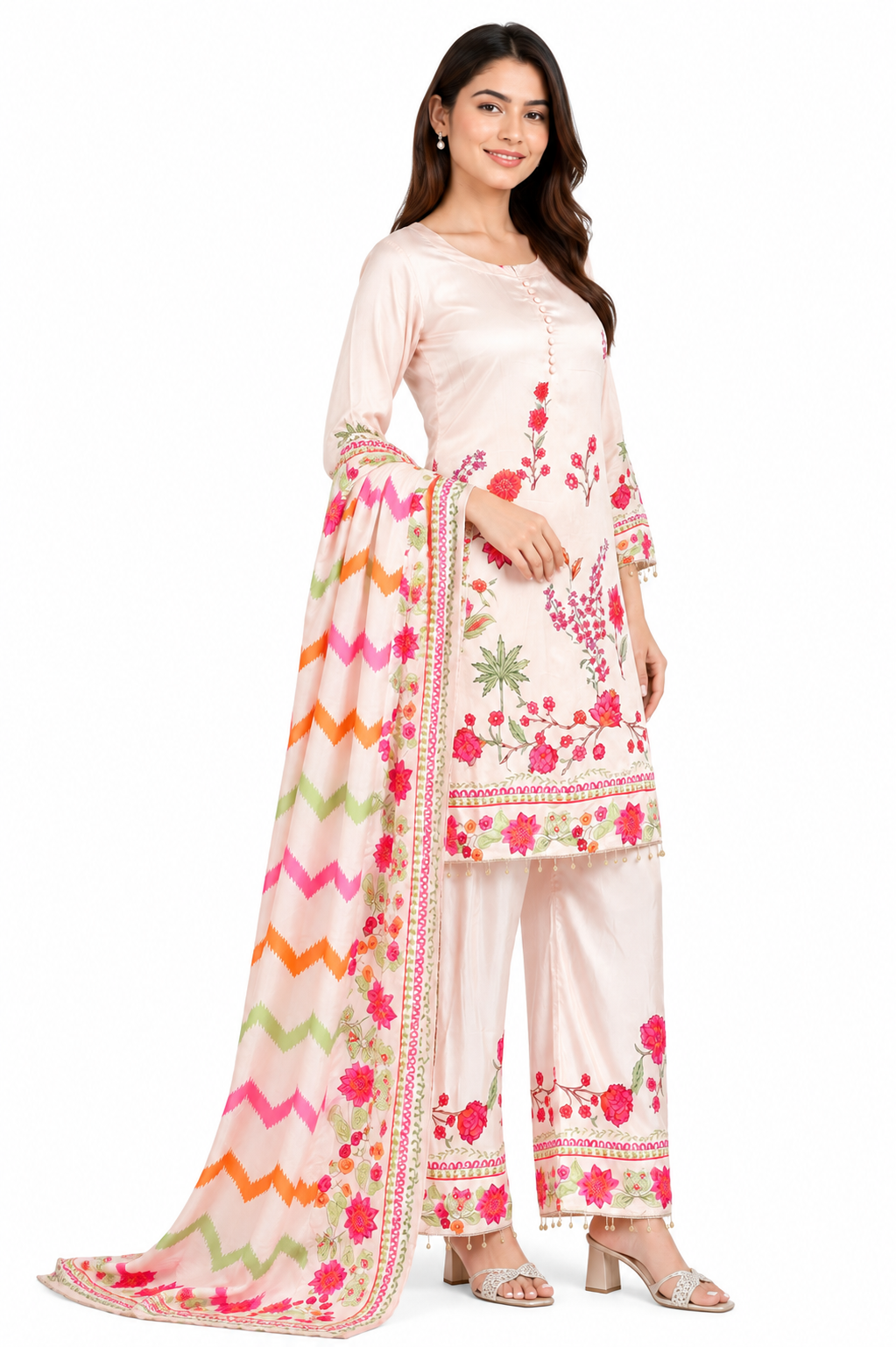 Blush Pink Floral Printed Kurta Palazzo Set with Dupatta