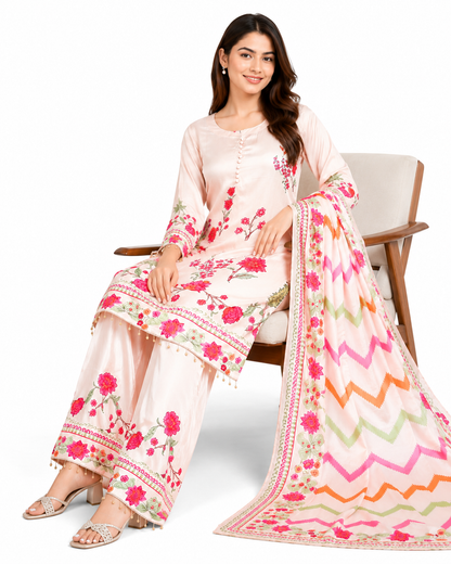 Blush Pink Floral Printed Kurta Palazzo Set with Dupatta