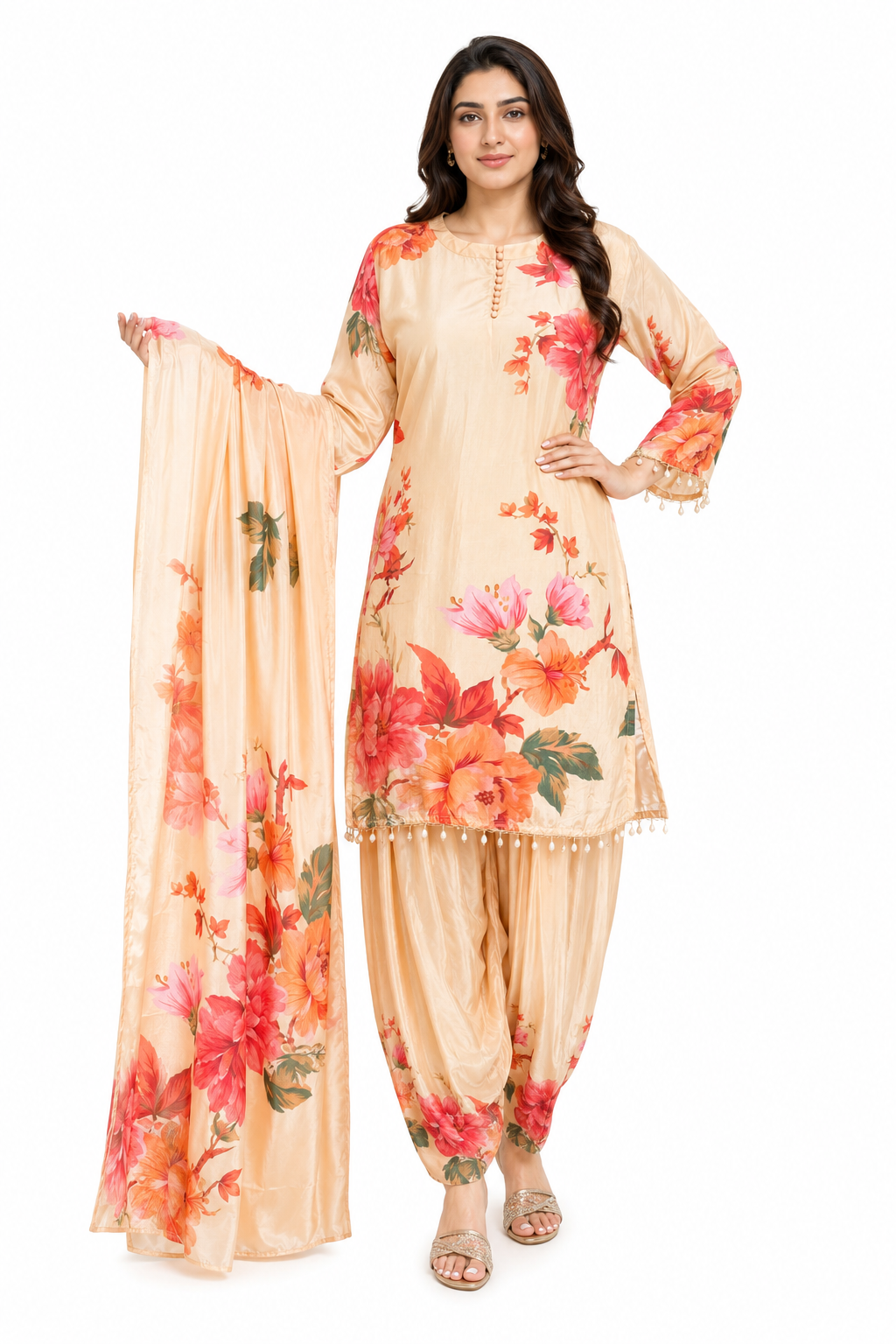 Peach Floral Printed Satin Kurta Set with Dupatta