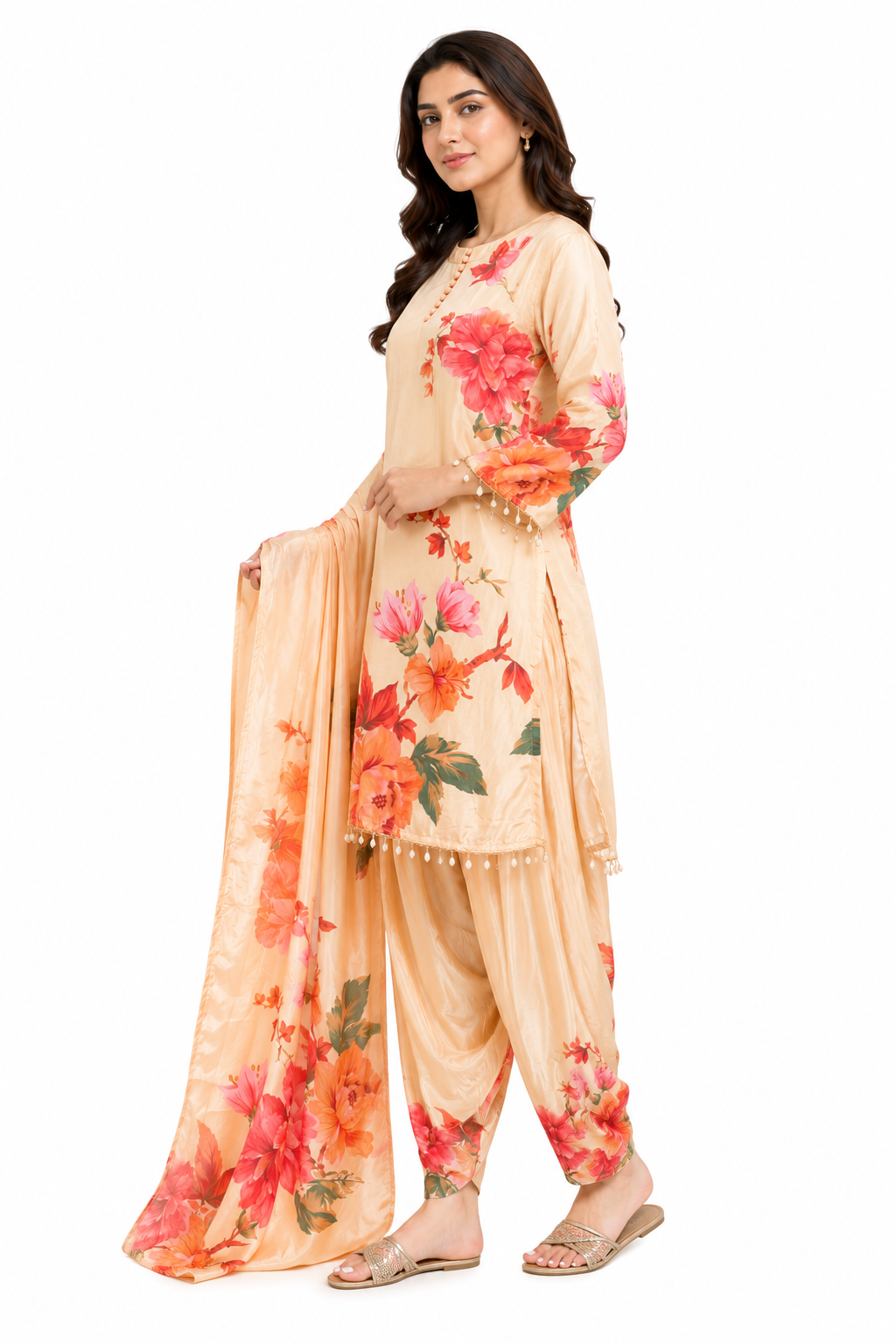 Peach Floral Printed Satin Kurta Set with Dupatta