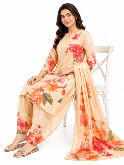 Peach Floral Printed Satin Kurta Set with Dupatta