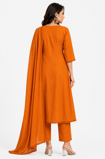 Women's Mulmul A-Line Appliqué Embroidered Kurta Set with Attached Lining, Hand Work & Dupatta