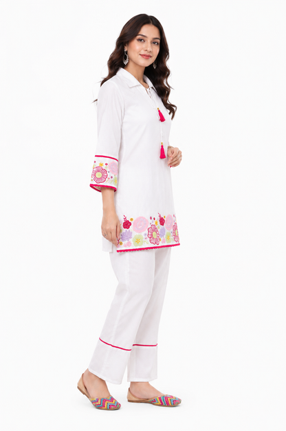 White Embroidered Cotton Co-Ord Set for Women | Floral Cotton Top & Pant Set