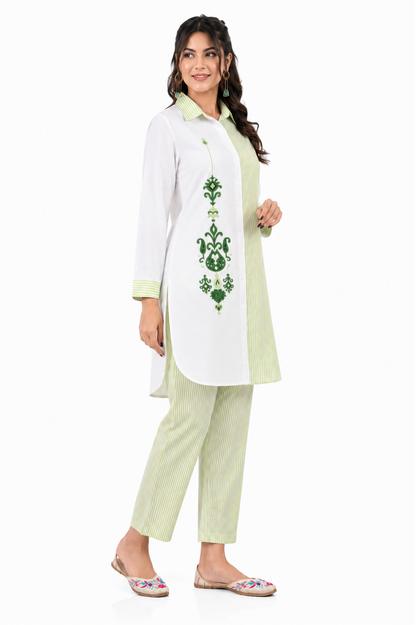 Women's White & Light Green Cotton Co-Ord Set with Embroidery and Striped Pants