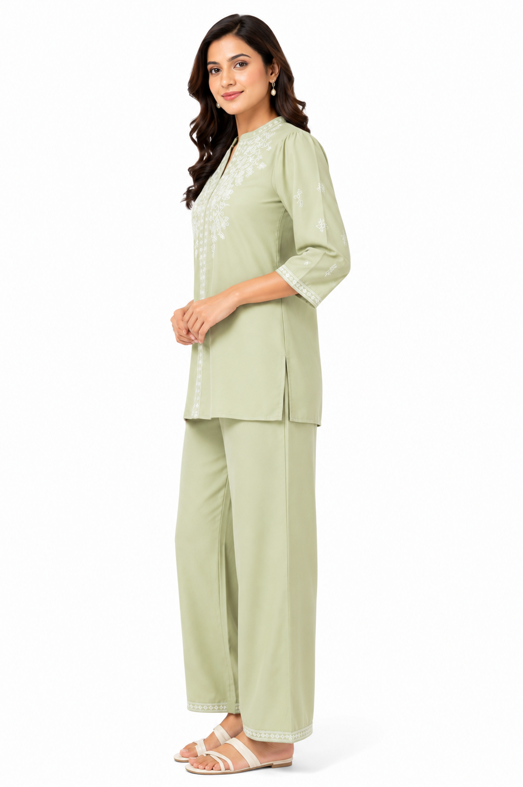 Women's Sage Green Embroidered Viscose Co-Ord Set