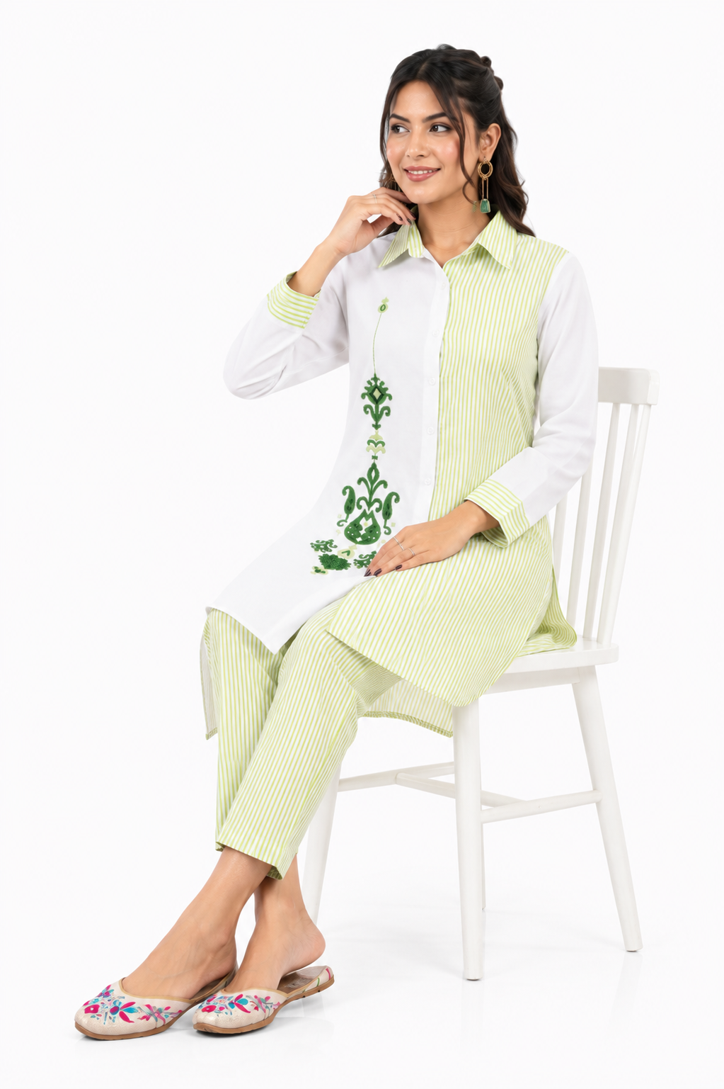 Women's White & Light Green Cotton Co-Ord Set with Embroidery and Striped Pants