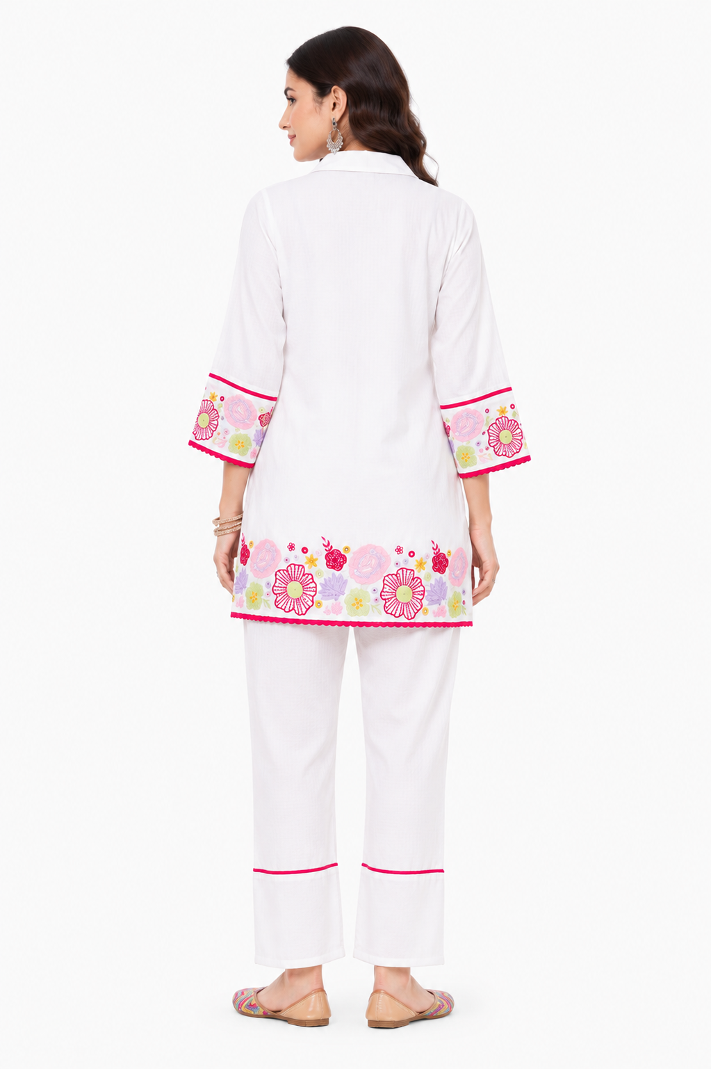 White Embroidered Cotton Co-Ord Set for Women | Floral Cotton Top & Pant Set