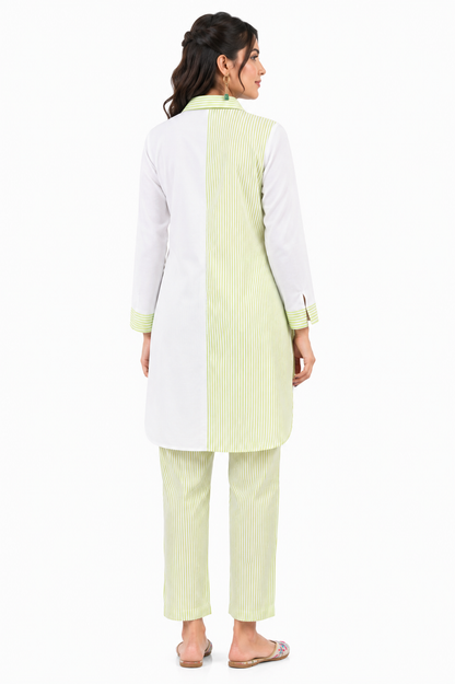 Women's White & Light Green Cotton Co-Ord Set with Embroidery and Striped Pants