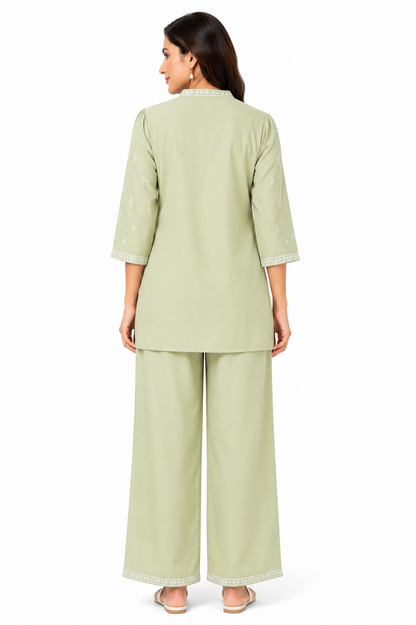 Women's Sage Green Embroidered Viscose Co-Ord Set