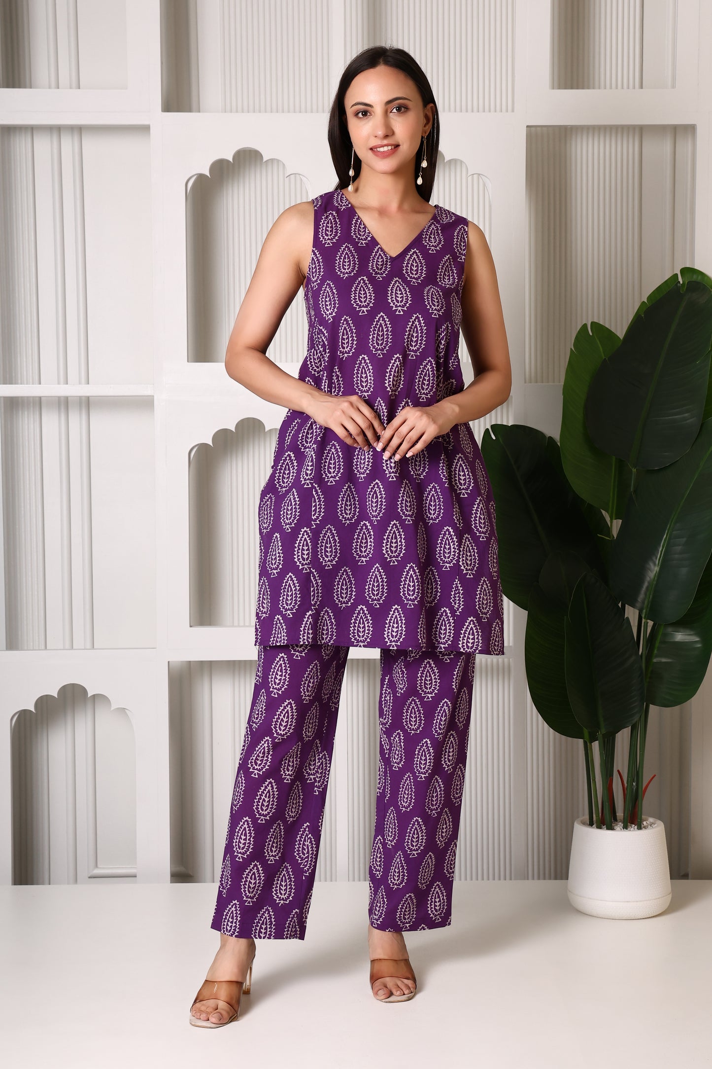 Royal Purple Leaf Print Co-ord Set