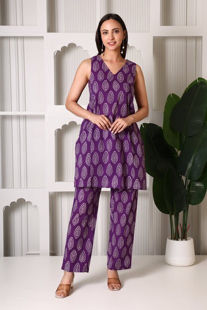 Royal Purple Leaf Print Co-ord Set