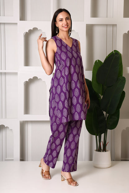 Royal Purple Leaf Print Co-ord Set