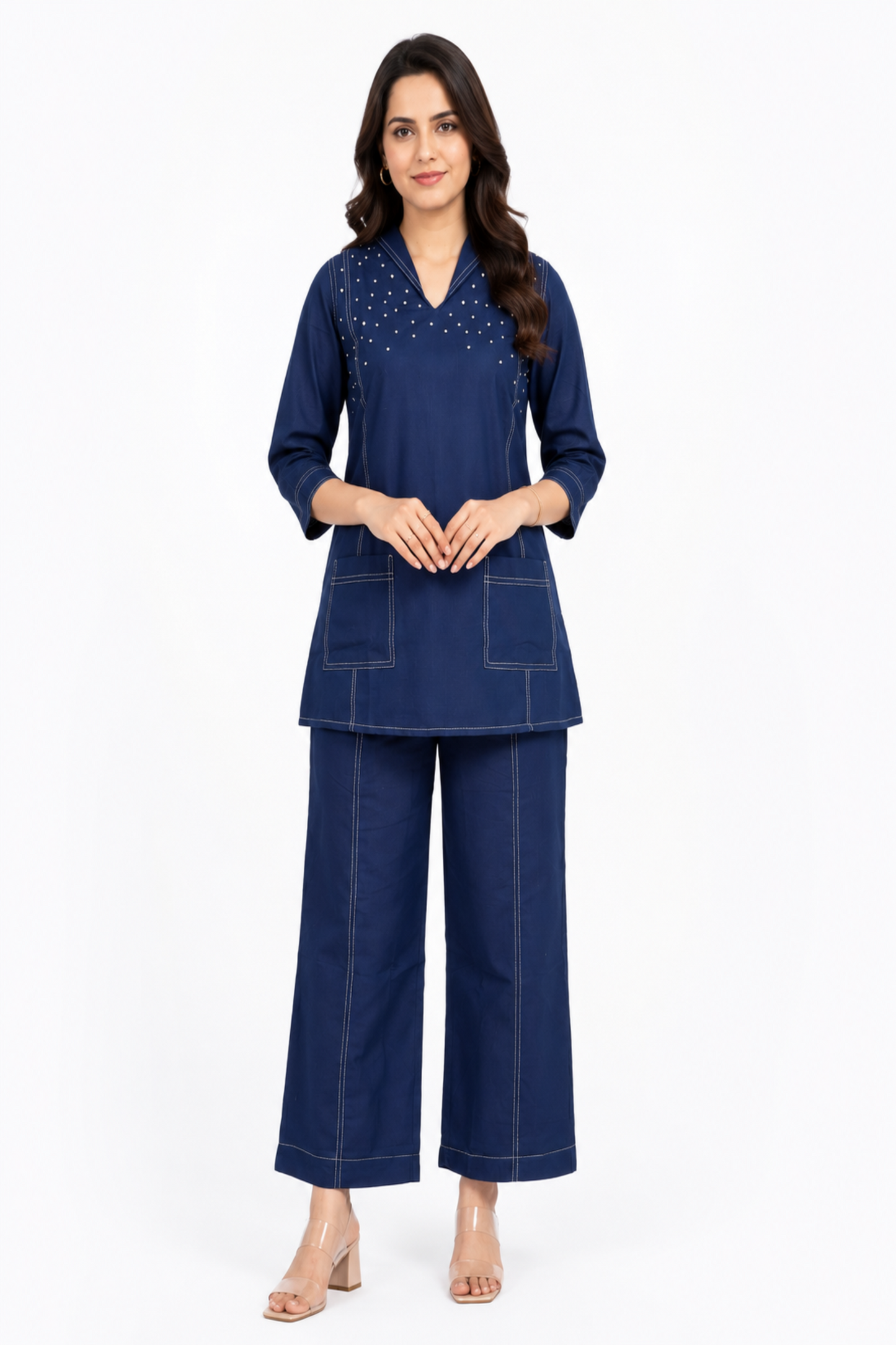 Navy Blue Cotton Co-Ord Set with Contrast Stitch Detailing