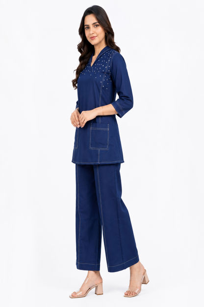 Navy Blue Cotton Co-Ord Set with Contrast Stitch Detailing