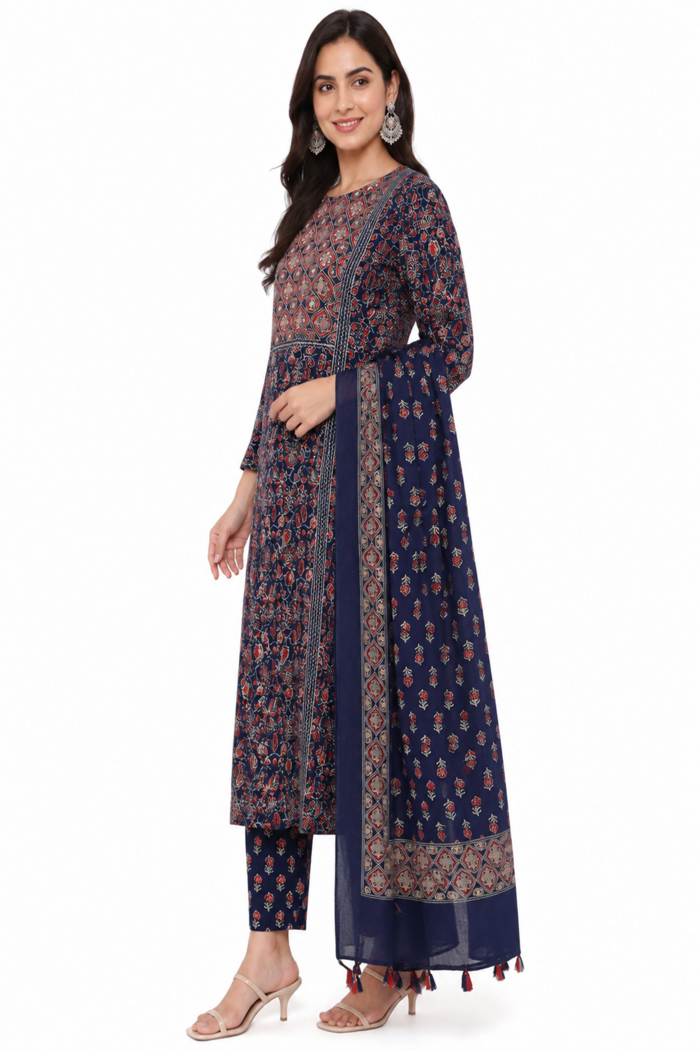 Women's Navy Blue Printed Cotton Kurta Pant with Dupatta Set