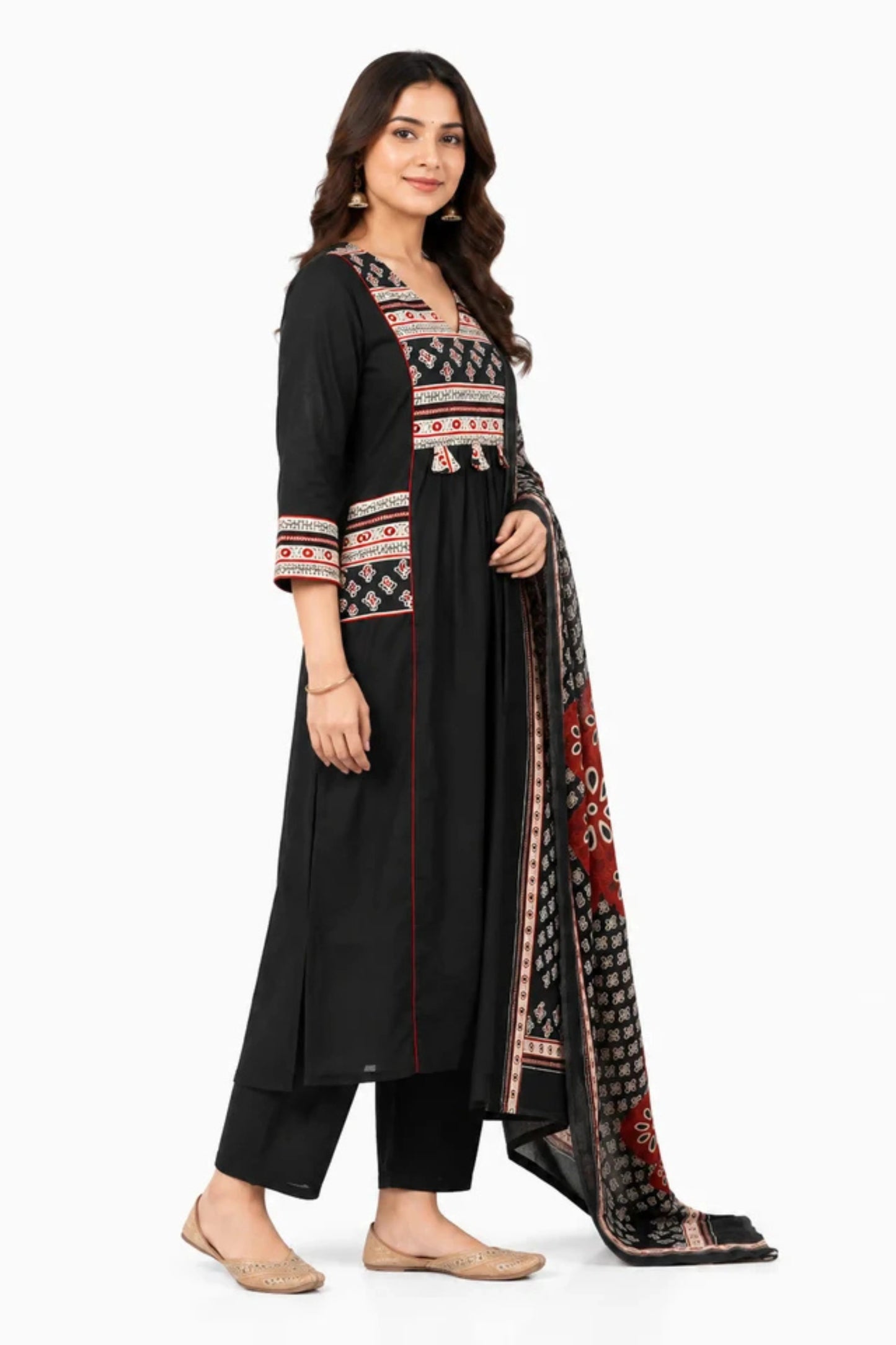 Black Printed Cotton Kurta Palazzo Set with Dupatta