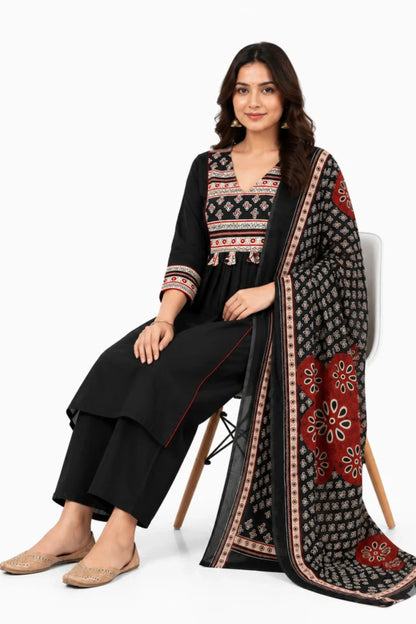 Black Printed Cotton Kurta Palazzo Set with Dupatta