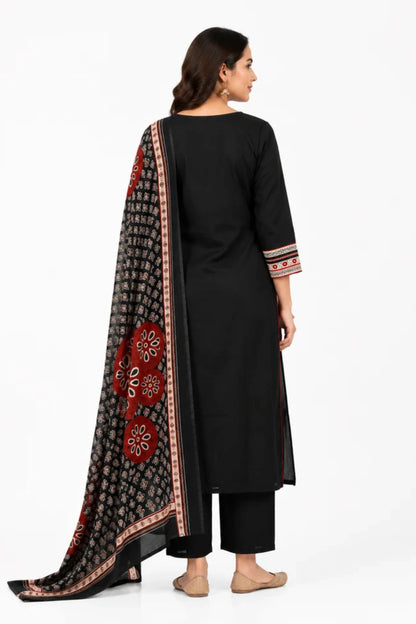 Black Printed Cotton Kurta Palazzo Set with Dupatta