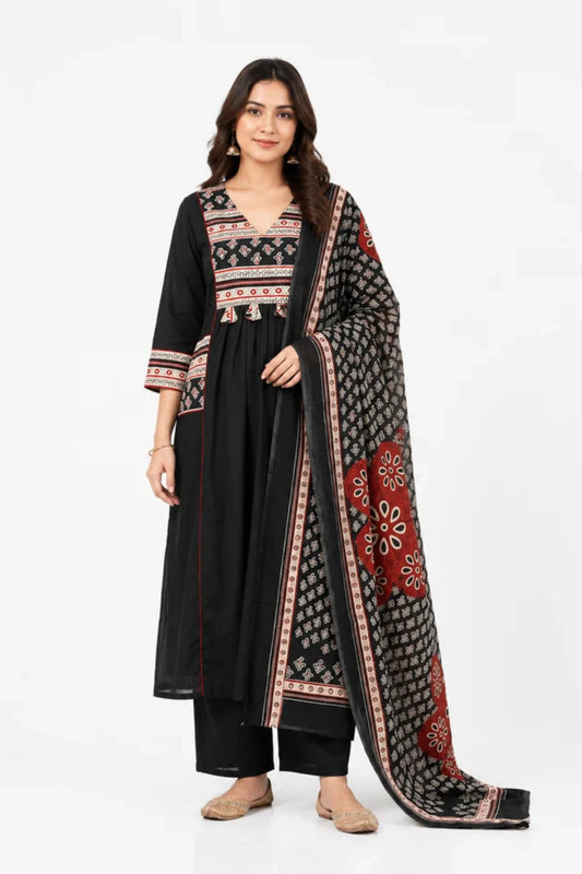 Black Printed Cotton Kurta Palazzo Set with Dupatta
