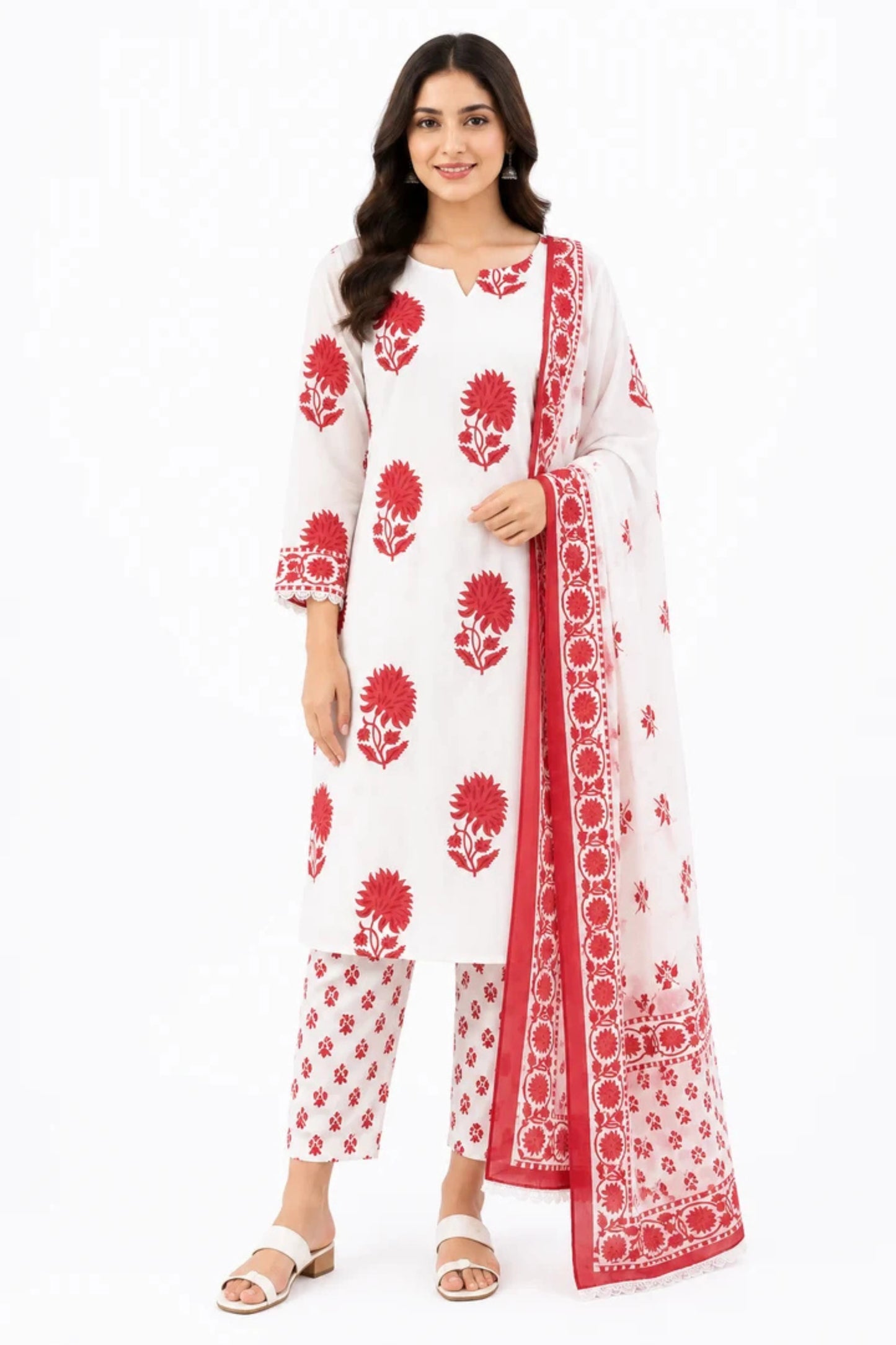 Women's White & Red Floral Printed Cotton Kurta Pant Dupatta Set