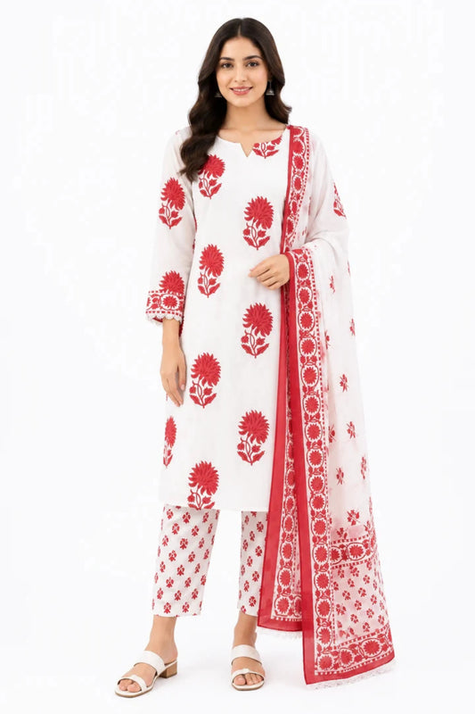 Women's White & Red Floral Printed Cotton Kurta Pant Dupatta Set
