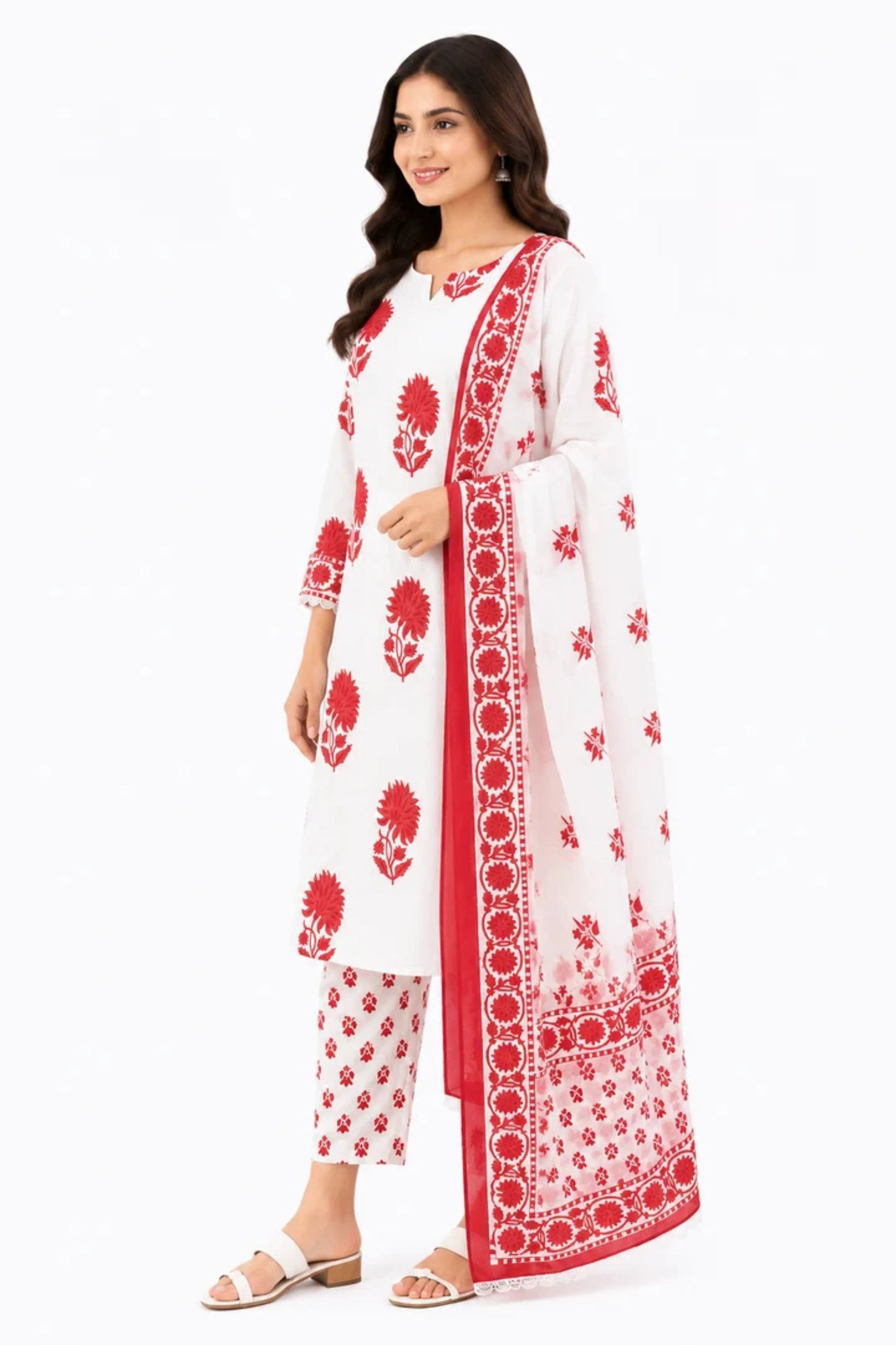 Women's White & Red Floral Printed Cotton Kurta Pant Dupatta Set