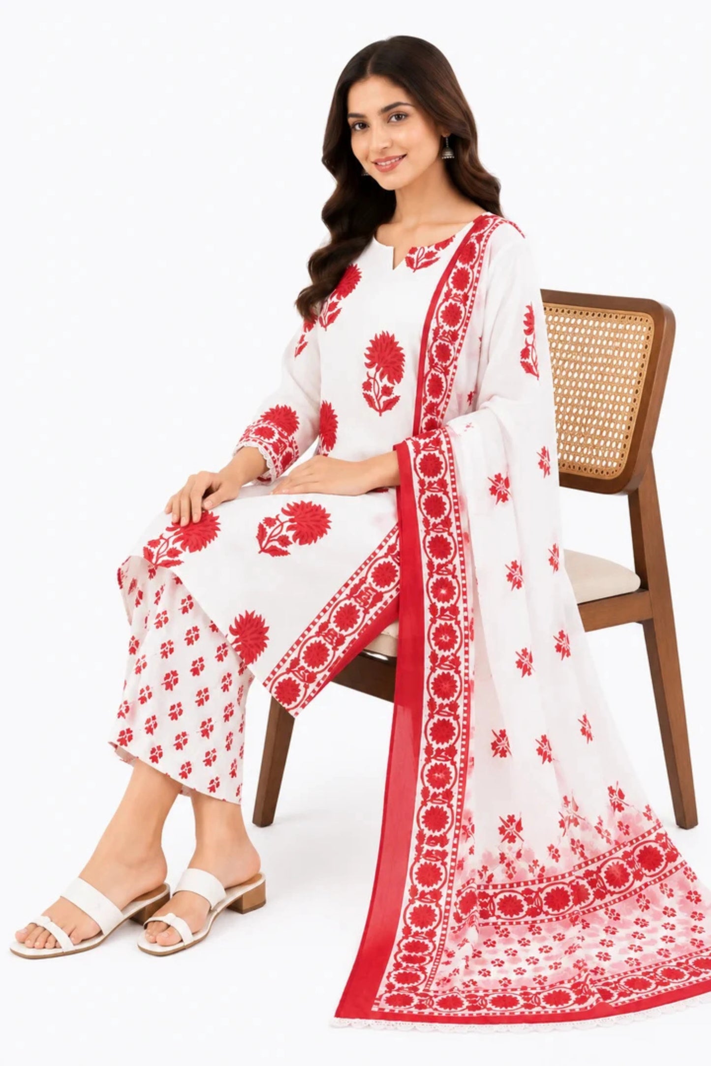 Women's White & Red Floral Printed Cotton Kurta Pant Dupatta Set