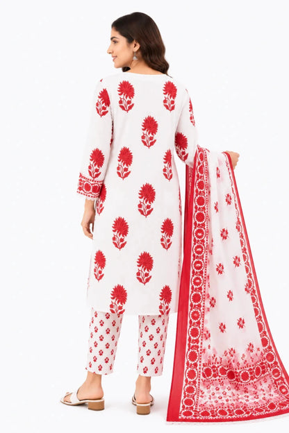Women's White & Red Floral Printed Cotton Kurta Pant Dupatta Set