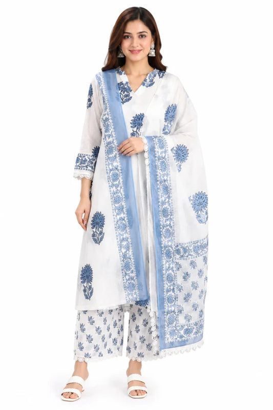 White & Blue Floral Printed Cotton Kurta Set with Dupatta