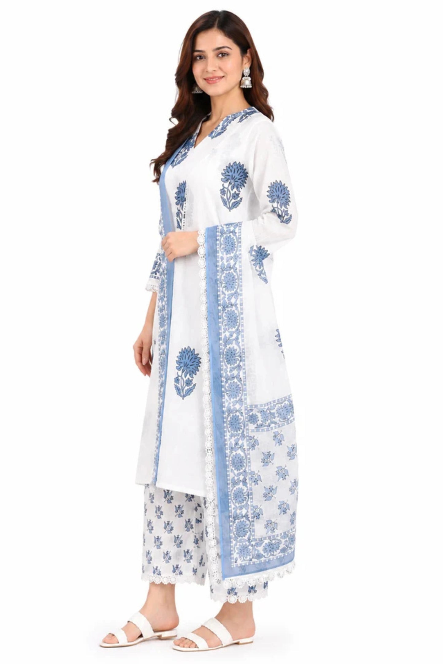 White & Blue Floral Printed Cotton Kurta Set with Dupatta