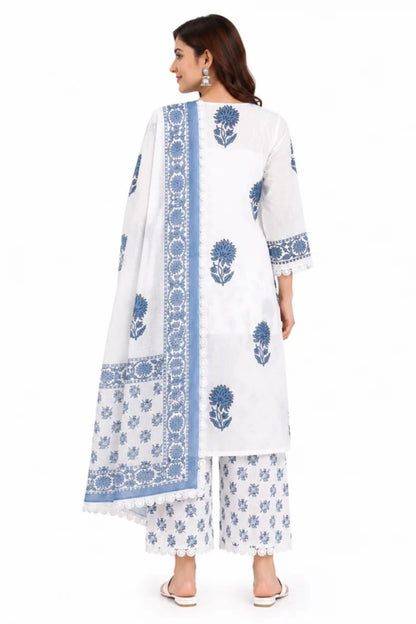 White & Blue Floral Printed Cotton Kurta Set with Dupatta