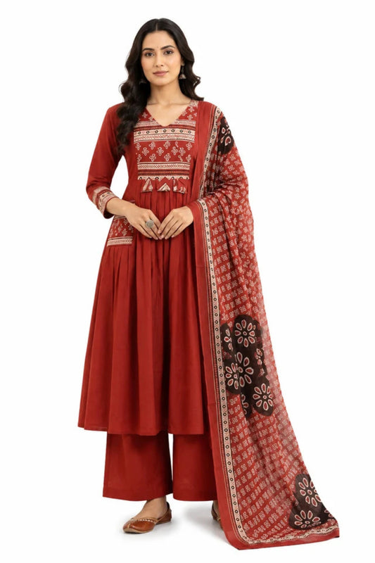 Rust Red Printed Cotton Anarkali Kurta Set with Dupatta