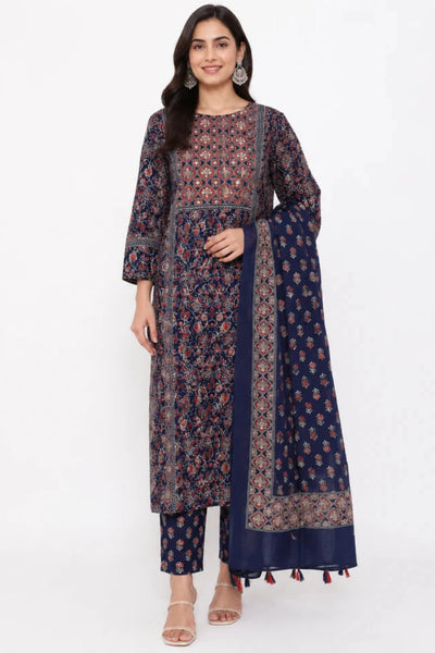 Women's Navy Blue Printed Cotton Kurta Pant with Dupatta Set