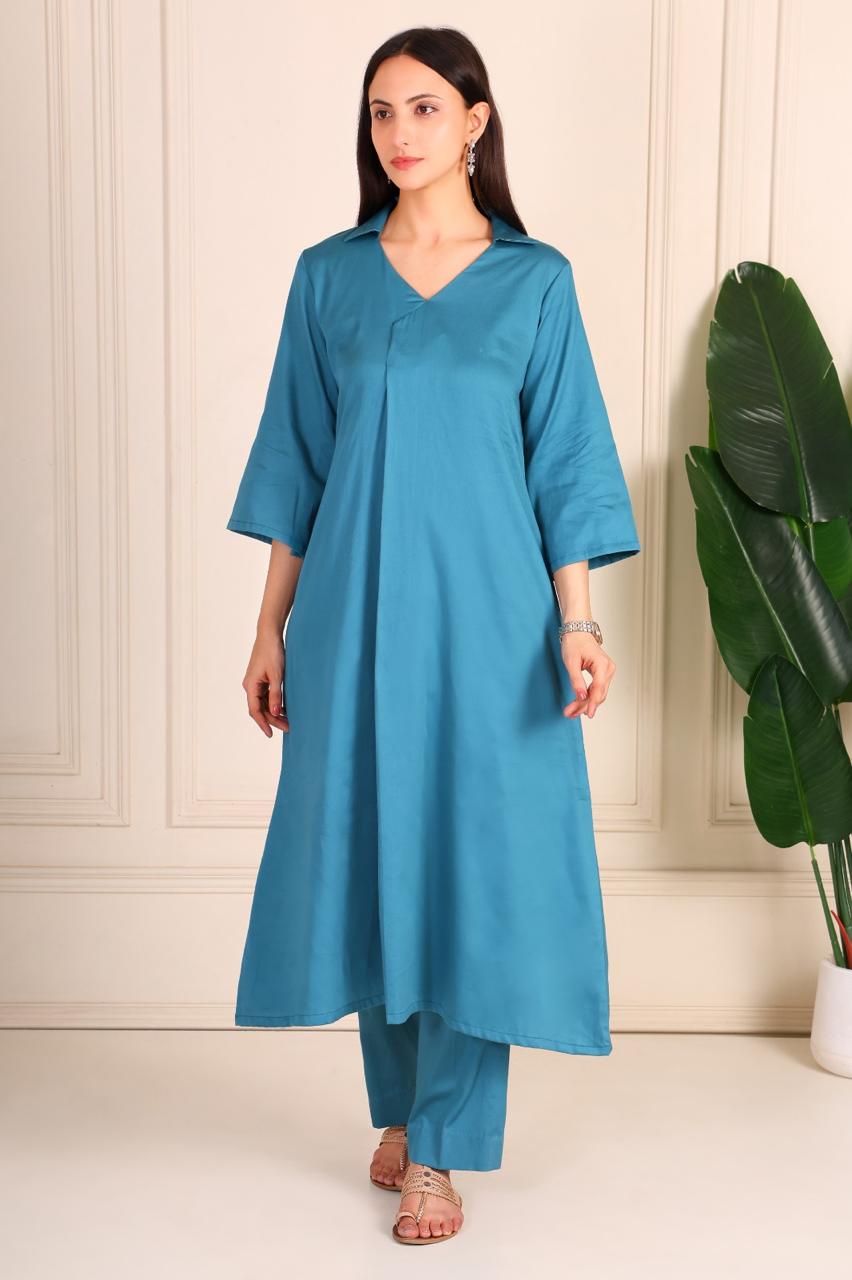 Teal Glaze Cotton V neck coord set