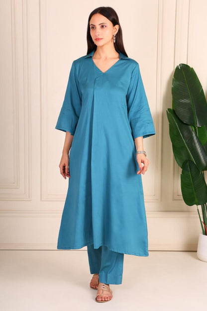 Teal Glaze Cotton V neck coord set