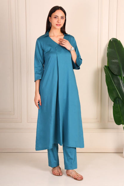 Teal Glaze Cotton V neck coord set