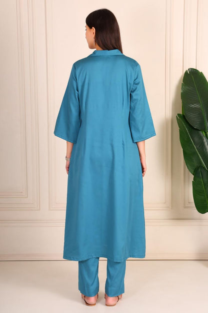 Teal Glaze Cotton V neck coord set