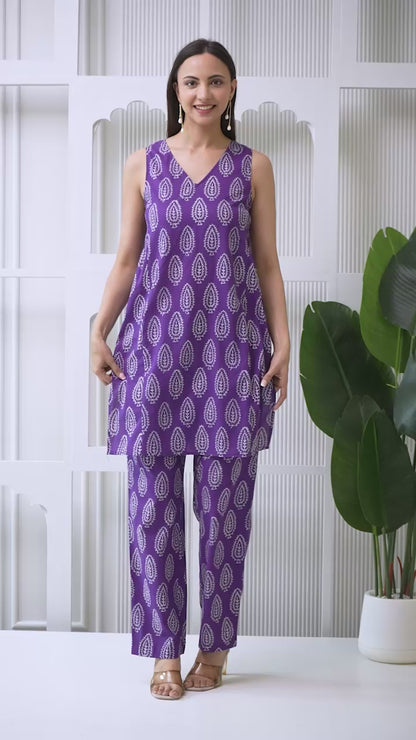 Royal Purple Leaf Print Co-ord Set