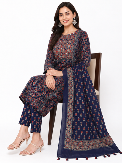 Women's Navy Blue Printed Cotton Kurta Pant with Dupatta Set